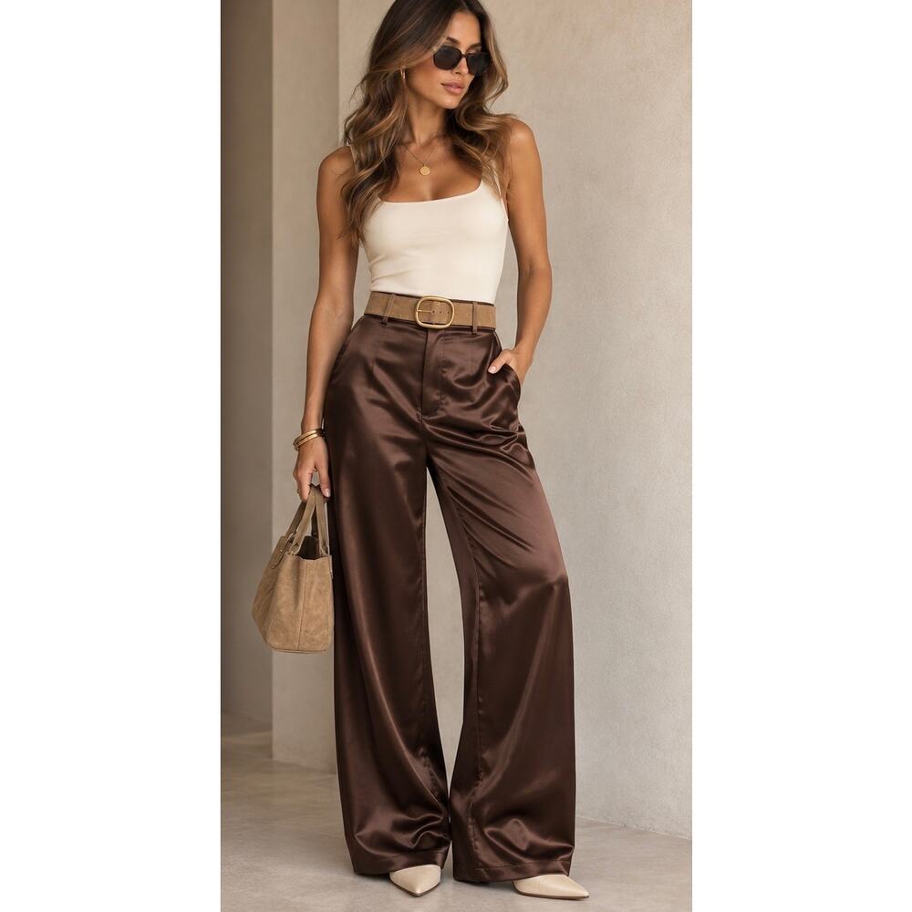 NWT Brown Satin Wide Leg Pants High Rise Silky Trouser Dress Pants Chic Largr